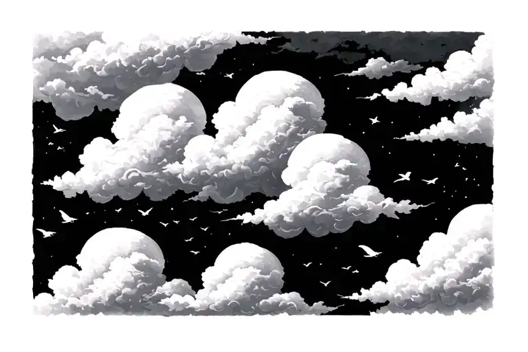 Clouds And Tiny Birds In Black And White Drawing