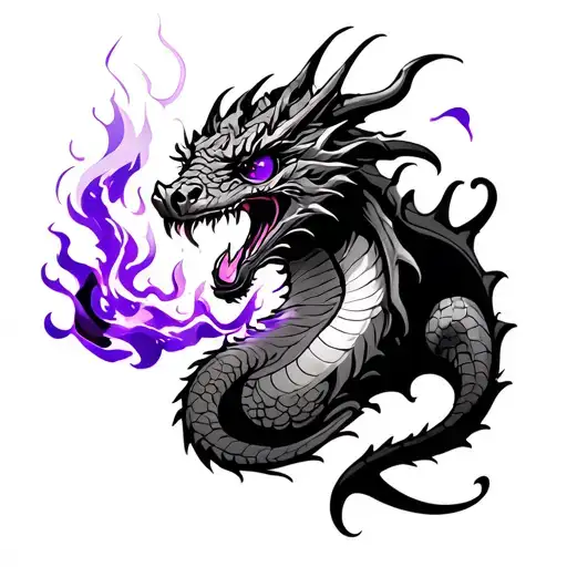 A Dragon Breathing Fire And A Purple Iris Emurging