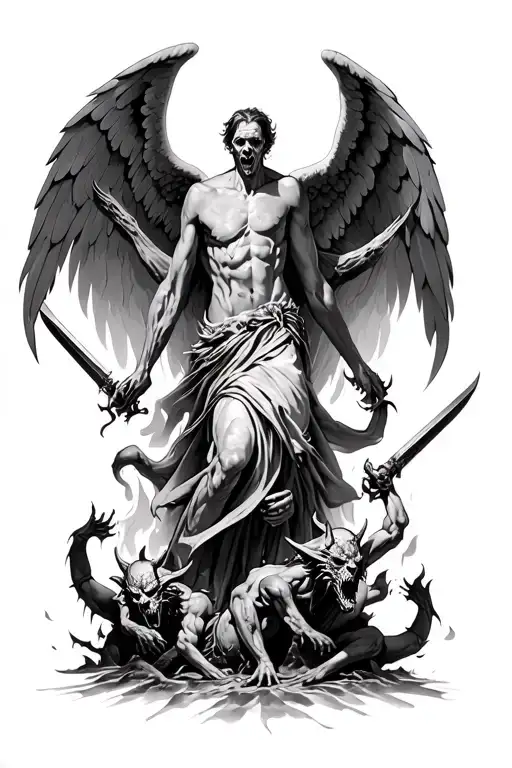 5 Demons Crawling Out Of Hell With Weapons As A Angel Is Coming Down From Heaven Forearm