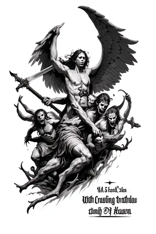 5 Demons Crawling Out Of Hell With Weapons As A Angel Is Coming Down From Heaven Forearm