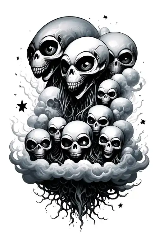 Aliens In Clouds Surrounded By Eyeballs And Skulls And Ghosts