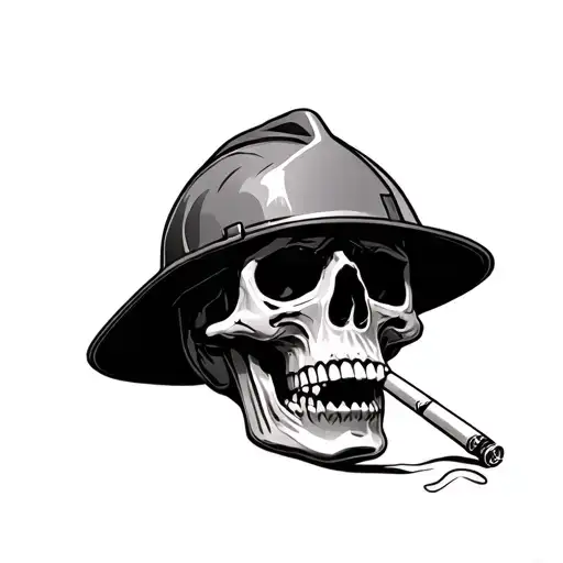 Skull Smoking Cig With Hard Hat On Old Traditinol