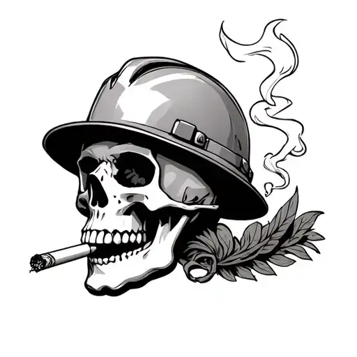Skull Smoking Cig With Hard Hat On American Traditinol