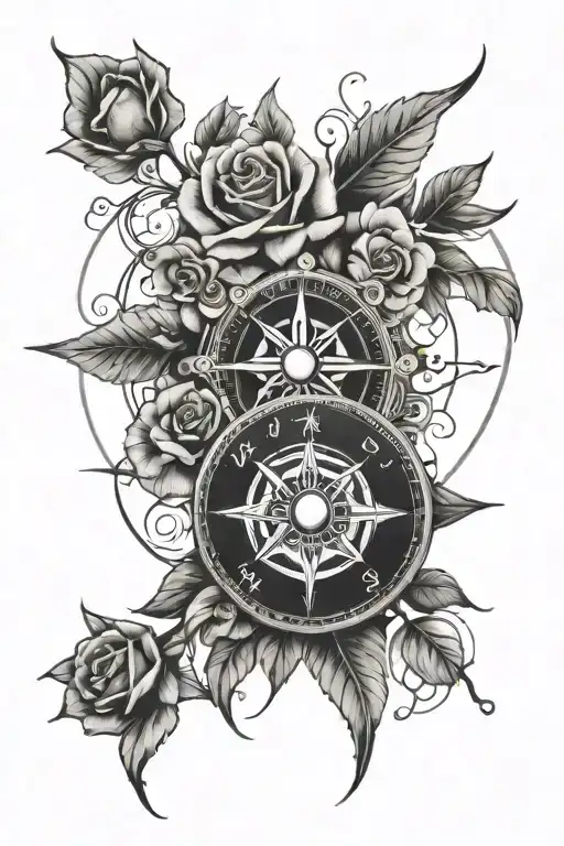 Compass Rose With Rosebush And Arabesques