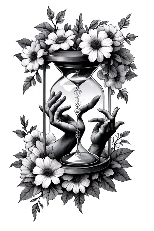 Gothic Inspired Hour Glass Surrounded By Flowers With Hands Inside Reaching From Life To Death