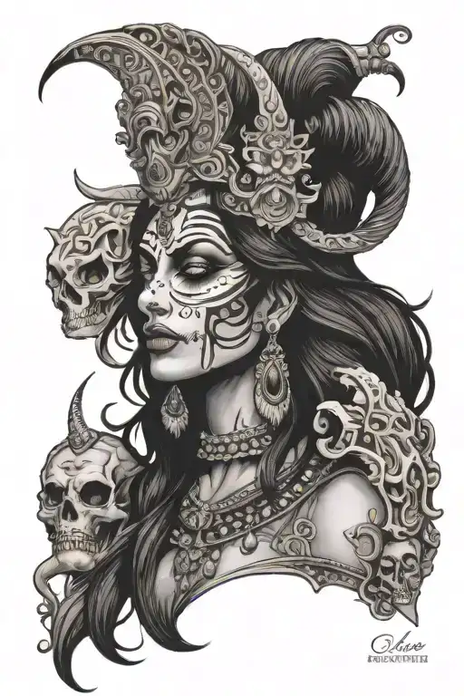 Goddess Kali Side Profile With Skull Adorned