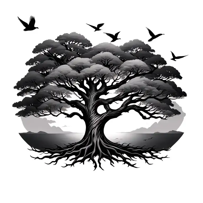 Tree Of Life With Flying Birds