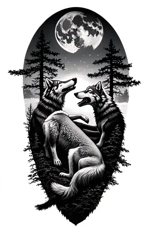 Pack Of Wolves Fighting Moon Trees