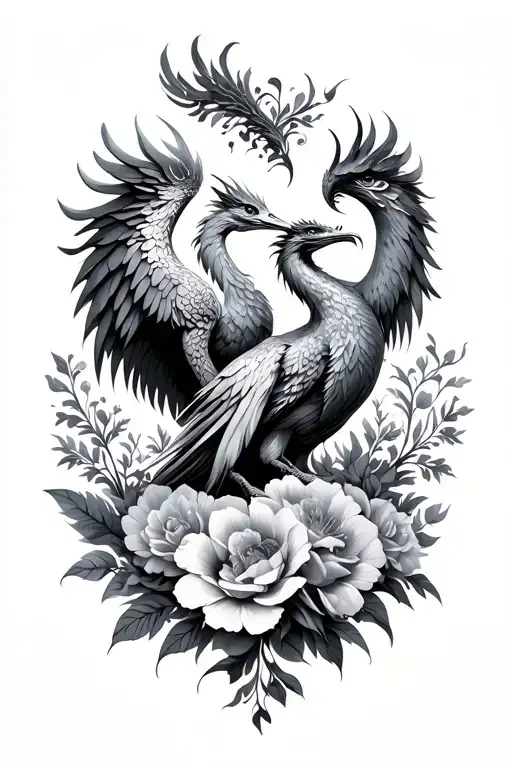 Elegant Phoenix And Dreagon Embrace With Flowers