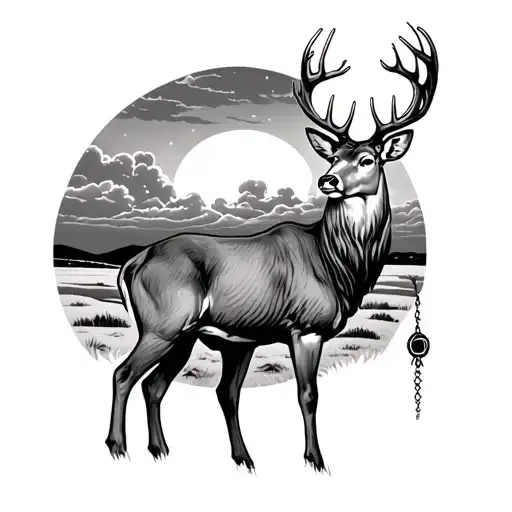 A Buck Deer Standunding In A Cloudy Sunset With A Charlie Named Halo Hanging From One Antler