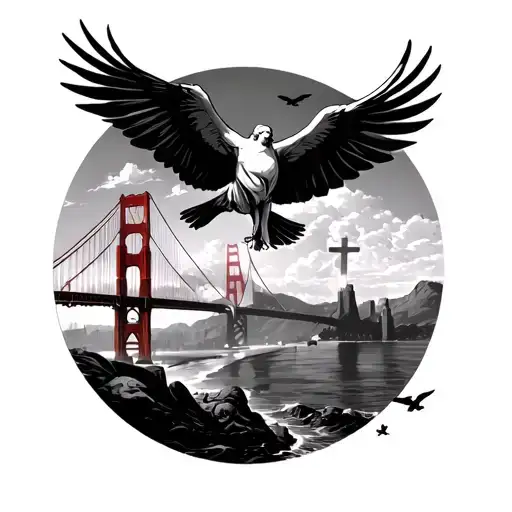 Doves Flying Near The Golden Gate Bridge With A Greek God And A Cross
