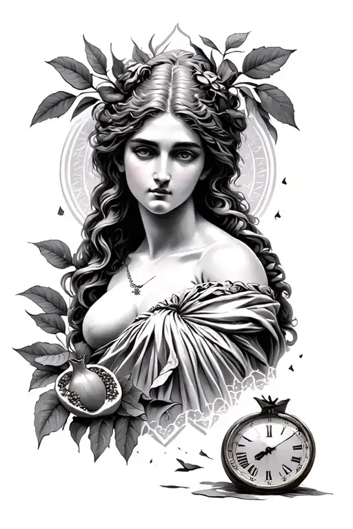Persephone Greek God Looking To The Side With Broken Sand Clock And Pomegranate