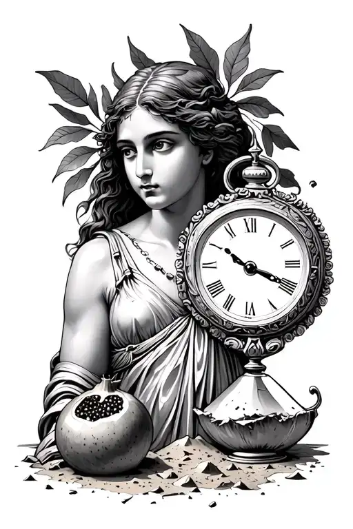 Persephone Greek God Looking To The Right With A Pomegranate And Broken Sand Clock