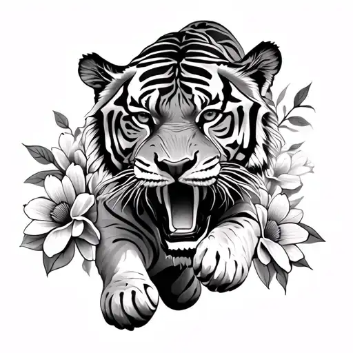 Tattoo With Tiger Walking And Flowers