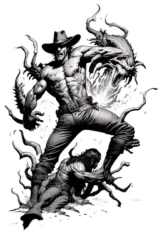 Cowboy Fighting A Pit Of Demons Trying To Pull Him To Hell
