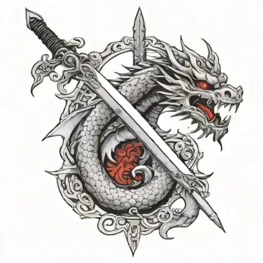 A Sword And Chinese Red Dragon Around It