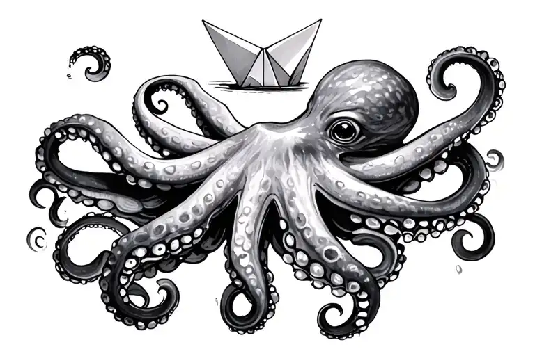 Octopus Paper With Paper Boat Floating