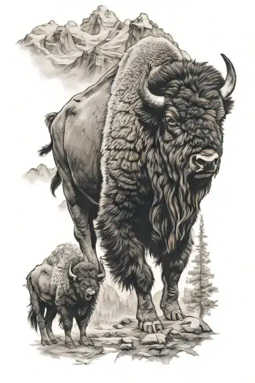 Realistic Bison With Mountains And Trees In The Background Lots Of Detail