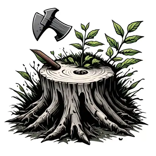 Treestump With Axe Stuck Insdie And New Plant Grwoing On Top