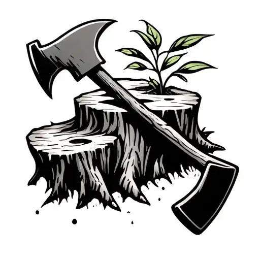 Treestump With Axe Stuck Insdie And New Plant Grwoing On Top