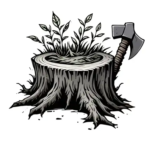 Treestump With Axe Stuck Insdie And New Plant Grwoing On Top