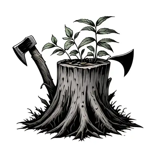Treestump With Axe Stuck Insdie And New Plant Grwoing On Top