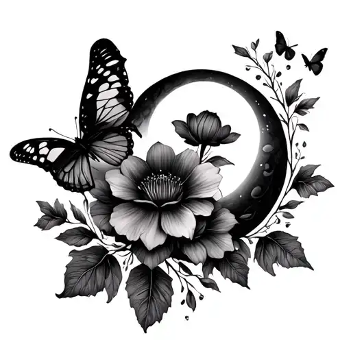 Leaf Flowers With Butterflies Moon Surrounded