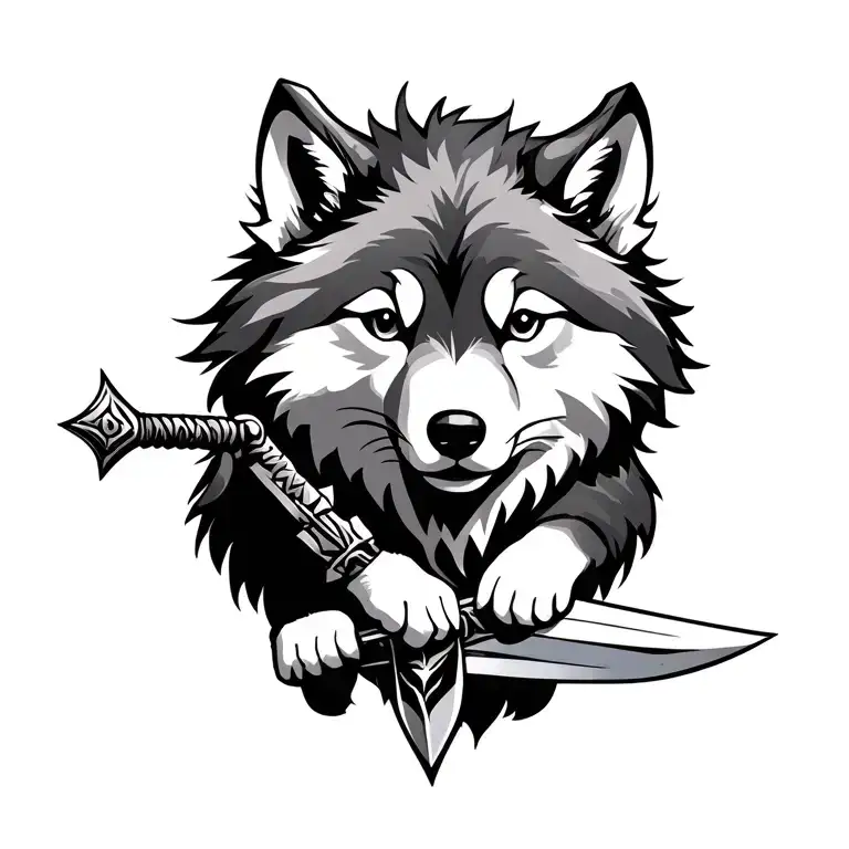 Fine Line Black And White Scandinavian Wolf Cub Carrying A Sword