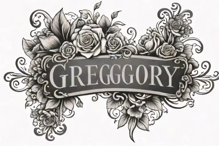 Tattoo With The Name Gregory Over Garden Of Flowers And Hearts