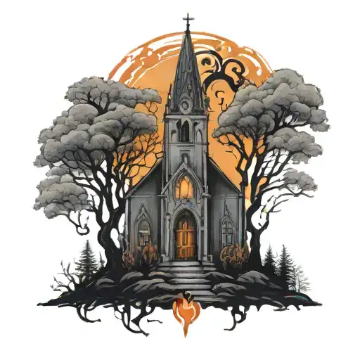 Dark Nordic Burning Church Black Grey Orange Fire