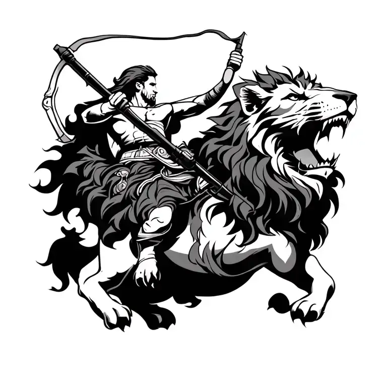 Archer With Bow Riding Lion Roaring