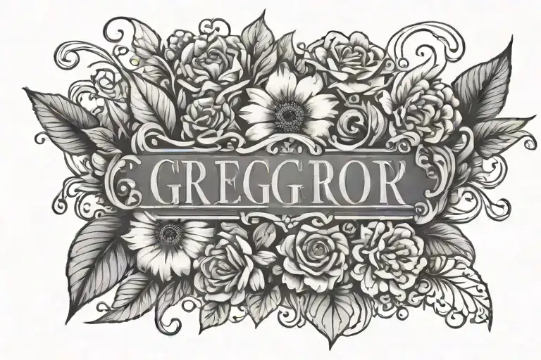 Tattoo With The Name Gregory Over Garden Of Flowers And Hearts