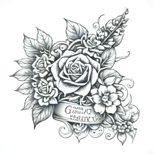 Tattoo With The Name Gregory Over Garden Of Hearts And Flowers