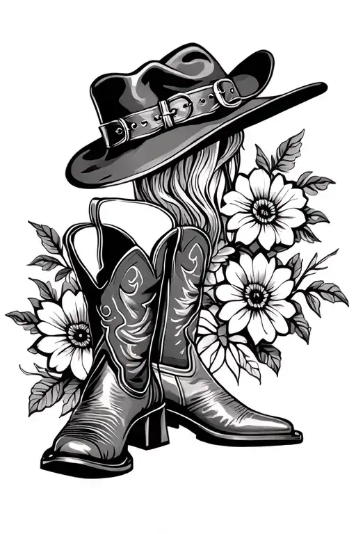 Cowgirl Boots And Hat With Flowers Blooming