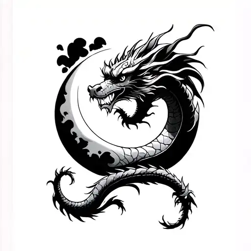 A Japanese Dragon Winding On The Moon