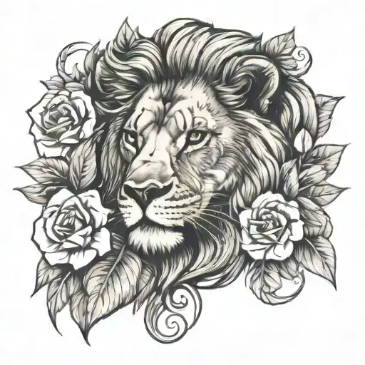 Lion With Flowers And Leaves Looking Diagonally With Its Left Paw Sticking Out From Inside