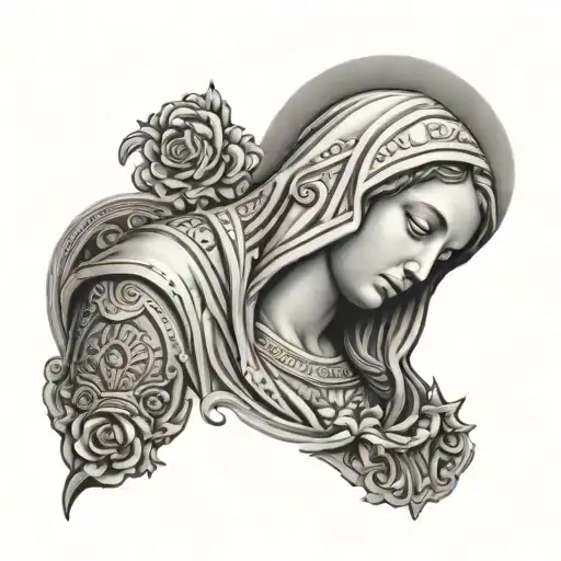 A Black And Grey 3D Tattoo Of The Virgin Mary With Intricate Details And Shading