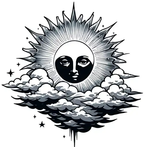 Sun Shining With Clouds Below The Sun With Stars Inside The Clouds In A Outer Forearm Template