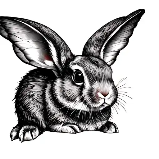 Rabbit With Fairy Wings Dotwork Design Black And White