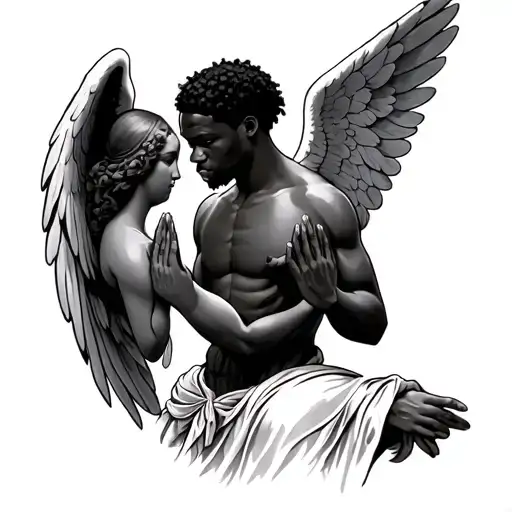 Two African American Male Angels Looking Down At Sister Praying