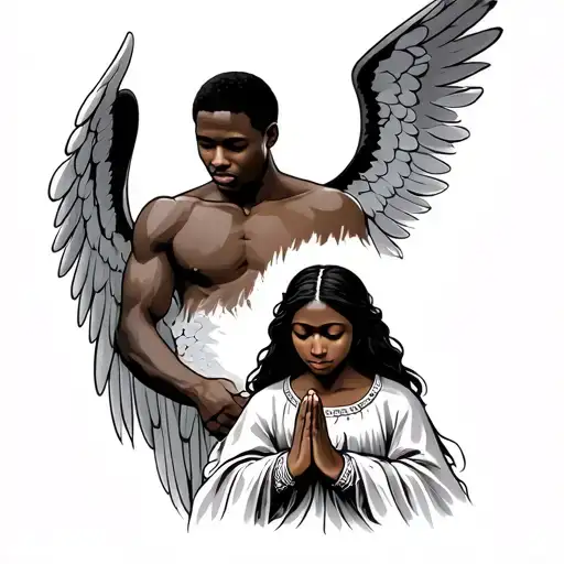 Two African American Male Angels Looking Down At Sister Praying