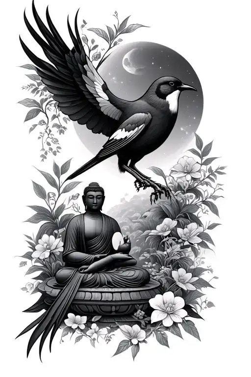 Buddha Comet Magpie Garden Scene