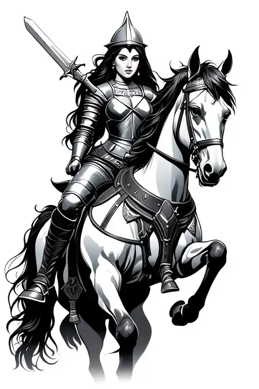Woman Knight On A Horse With Sword