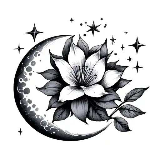 Simple Lillie Flower With Cresent Moon Surrounded Stars Forming
