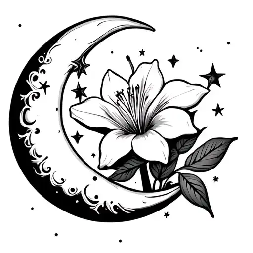 Simple Lillie Flower With Cresent Moon Surrounded Stars Forming