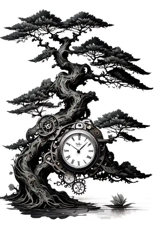 Bonsai Tree And Watch Mechanism Intertwined