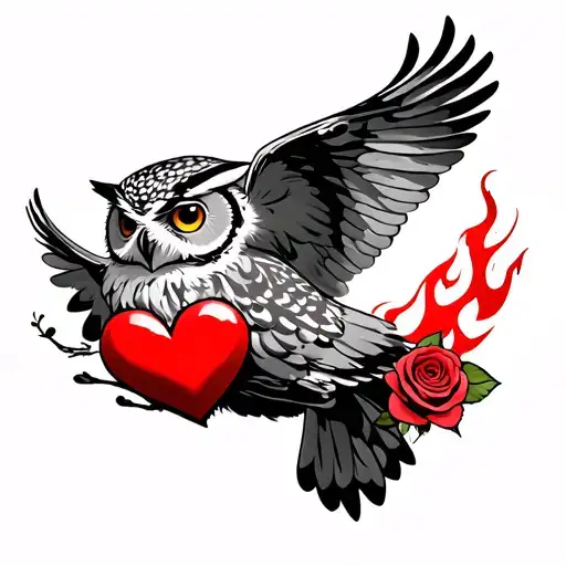 Owl Flying With Burning Heart And Rose