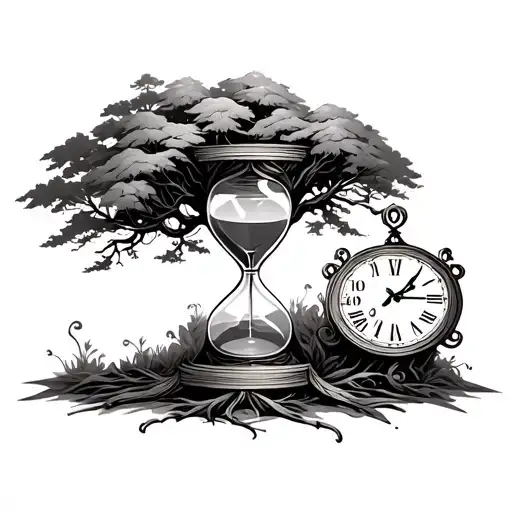 Hourglass And Clock With Tree Growing