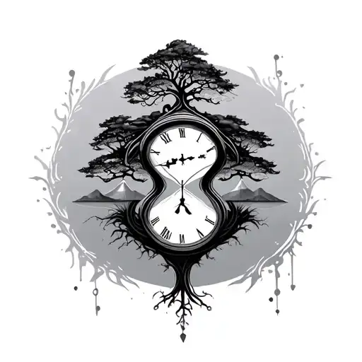 Hourglass And Clock With Tree Growing