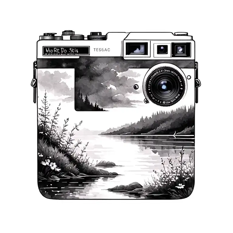 Tattoo Design Watercolor Pallet With Brush And Slr Camera Minimalist Black And White Nature Scene